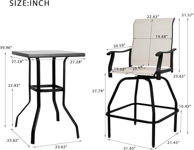 LEVELEVE Patio Bar Set 3pcs Swivel Bar Stools Outdoor Bistro Textilene - Image 3