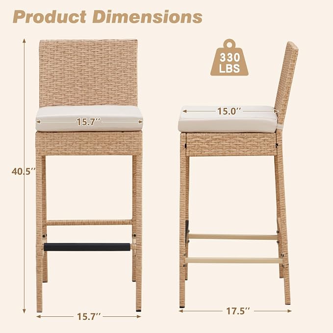 ECOTOUGE Outdoor Bar Stools Set of 2, Wicker Woven Patio Stools & Patio Bar - Image 3