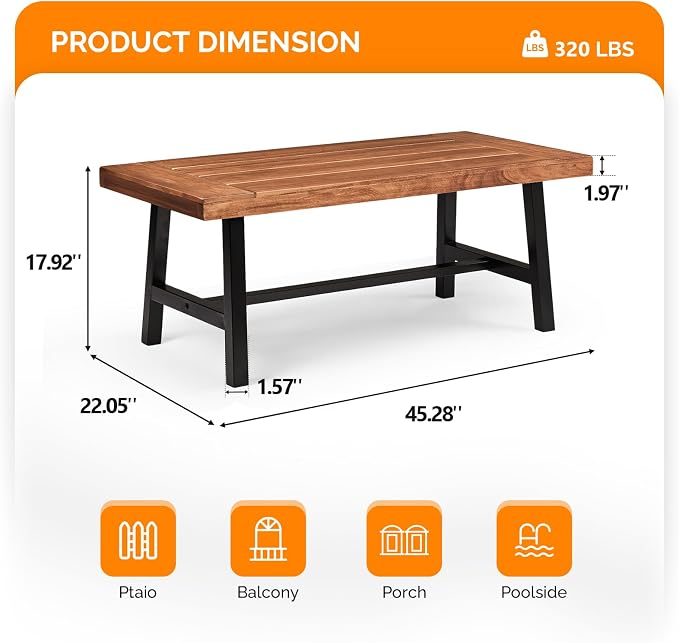 VINGLI Outdoor Wooden Coffee Table, Metal Frame Heavy Duty Patio Coffee Table - Image 3