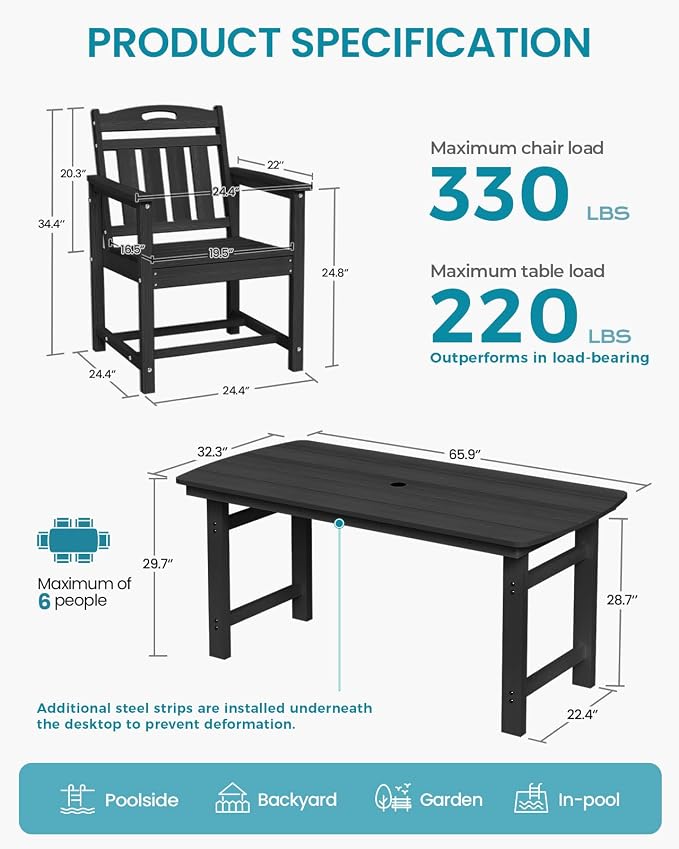 Ciokea HDPE Outdoor Dining Set, 7-Piece Patio Table and Chairs Set - Image 2