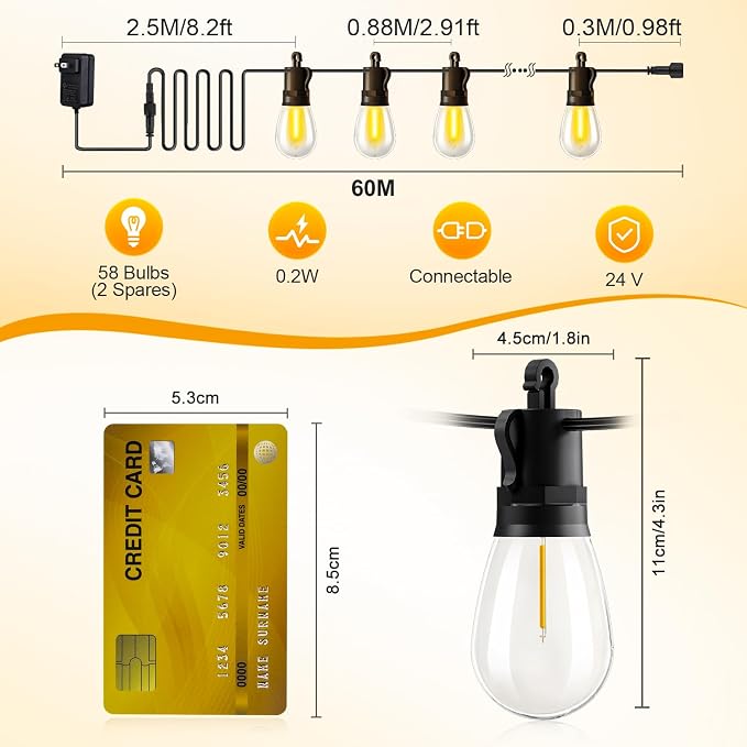 Outdoor String Lights Patio LED Light Outside - 60M 58+2 S14 LED Dimmable 200ft - Image 2