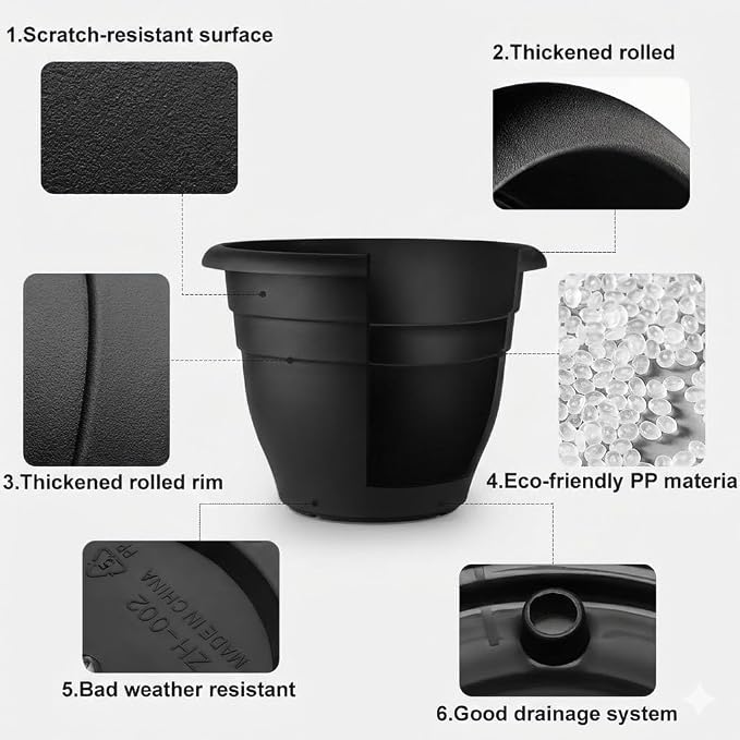 16 Inch Plant Pots Indoor Outdoor, 6 Pack Black Plastic Planters - Image 3