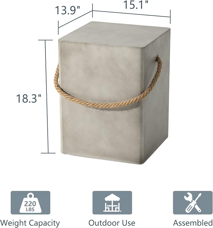 COSIEST Set of 2 Concrete Side Table, Rectangular Outdoor Side Table w Hemp - Image 3