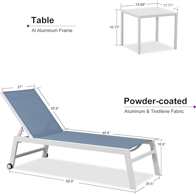 PURPLE LEAF Oversize Chaise Lounge Chair Outdoor 2 Pieces White Aluminum Lounge - Image 2