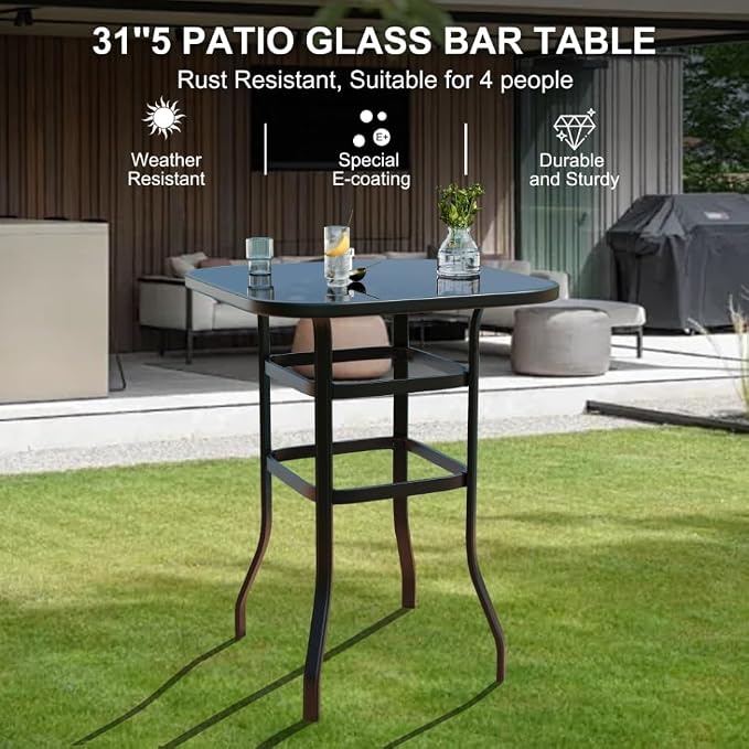 Outdoor Patio Bar Table, 31.5 Inch Tempered Glass Bistro High Top Table All - Image 4