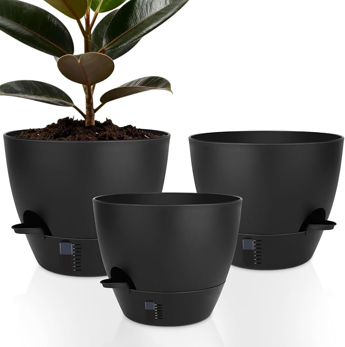 Self-Watering Plant Pots with Water Level Indicator, Drainage Holes & Saucers – by QRRICA