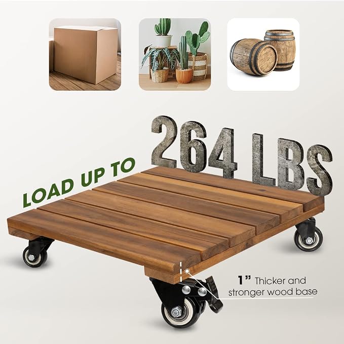 2pack Wood Plant Caddy With Wheels Heavy Duty, 264 Lbs Capacity, Upgraded 12 - Image 4