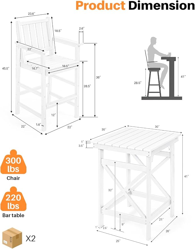 5 Pieces Adirondack Bar Chairs Set, HDPE Patio Bar Height Table and Chairs - Image 4