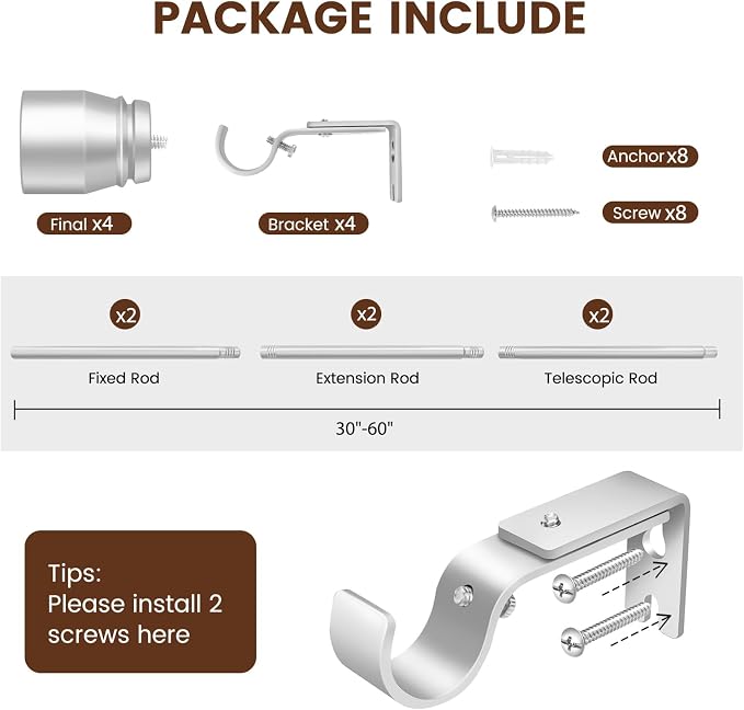 1” Diameter Silver Curtain Rod Itself is 30-60 inch 2 Pack, Fit 30 to 56 Windows - Image 2