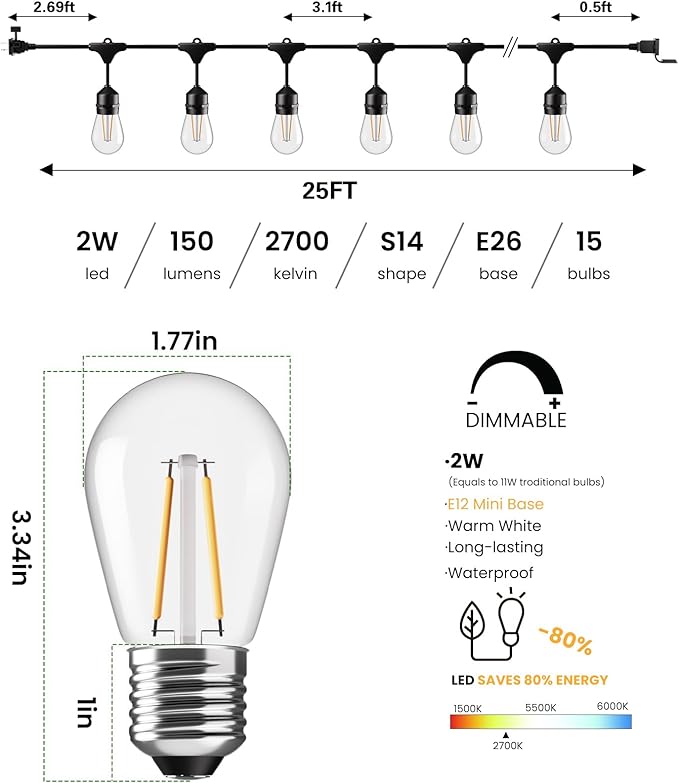 Svater 25 FT Outdoor String Lights 2W, Patio Light - Image 2