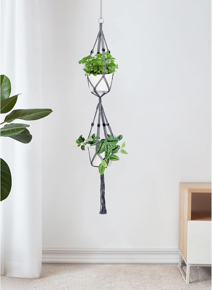 Belit 2 Pack Double Macrame Plant Hangers 2 Tier Hanging Planter Basket - Image 6