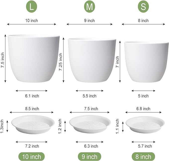 10/9/8 inch Medium Flower Pots, 3 Pack Modern Decorative Plastic Planters - Image 3