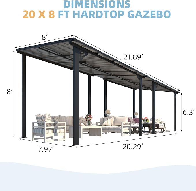 AECOJOY 22' x 8' Gazebo for Patio, Large Wall-Mounted Hard Top Lean-to Gazebo - Image 3