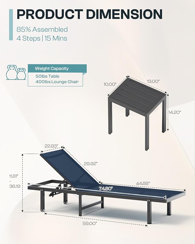 Lounge Chair Outdoor with Wheels, Aluminum Patio Chaise Lounge Chair with 5 - Image 2