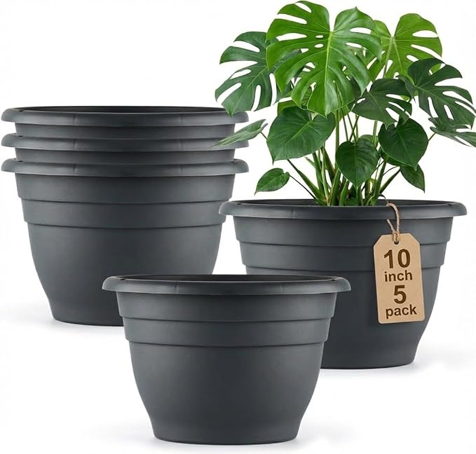 5 Pack 10 Inch Plant Pots for Indoor Outdoor, Plastic Floor Planters by RooTrimmer