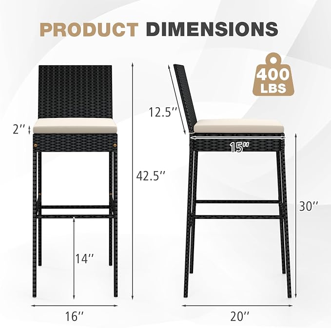 HAPPYGRILL Wicker Patio Barstools Set of 4, Outdoor Rattan Bar Chairs - Image 3