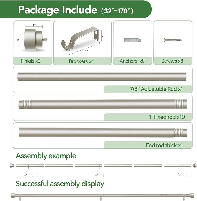 Curtain Rods for Windows 32 to 170, 1 Inch Adjustable Heavy Duty Long Window - Image 6