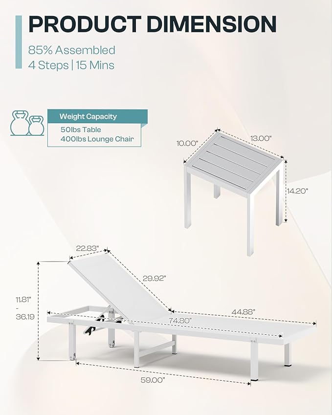 Lounge Chair Outdoor with Wheels, Aluminum Patio Chaise Lounge Chair with 5 - Image 2