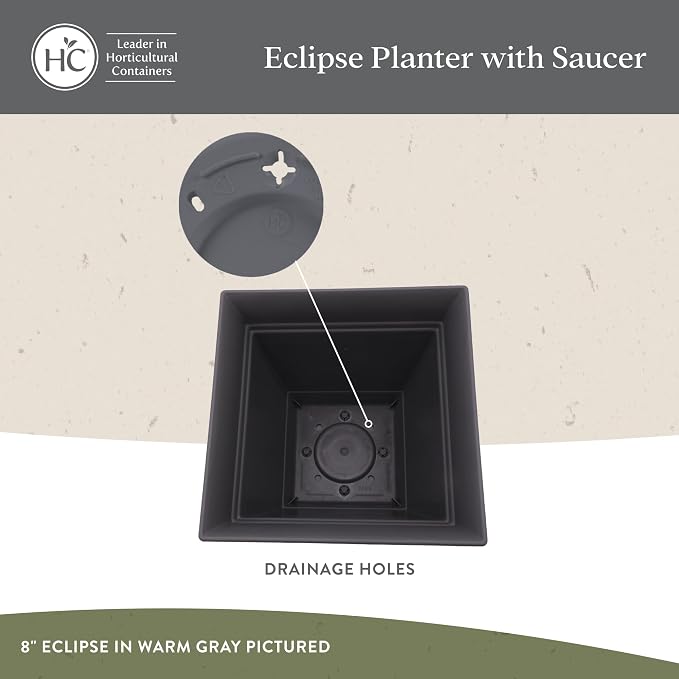 The HC Companies 8 Inch Eclipse Square Planter Pots w/Drainage Holes & Attached - Image 3
