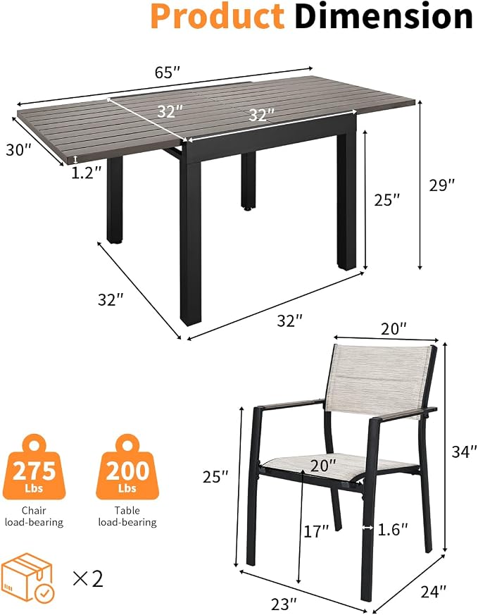 5 Pieces Outdoor Dining Set, Never-Rust Aluminum Expandable Patio Dining Table - Image 3