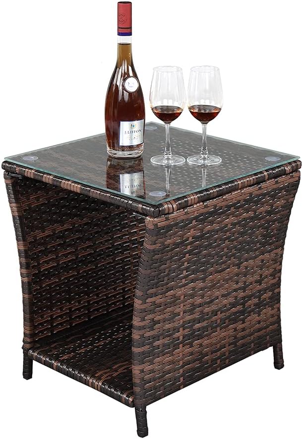 Wicker Rattan Side Table, Outdoor Square Rattan Coffee End Table by Unknown