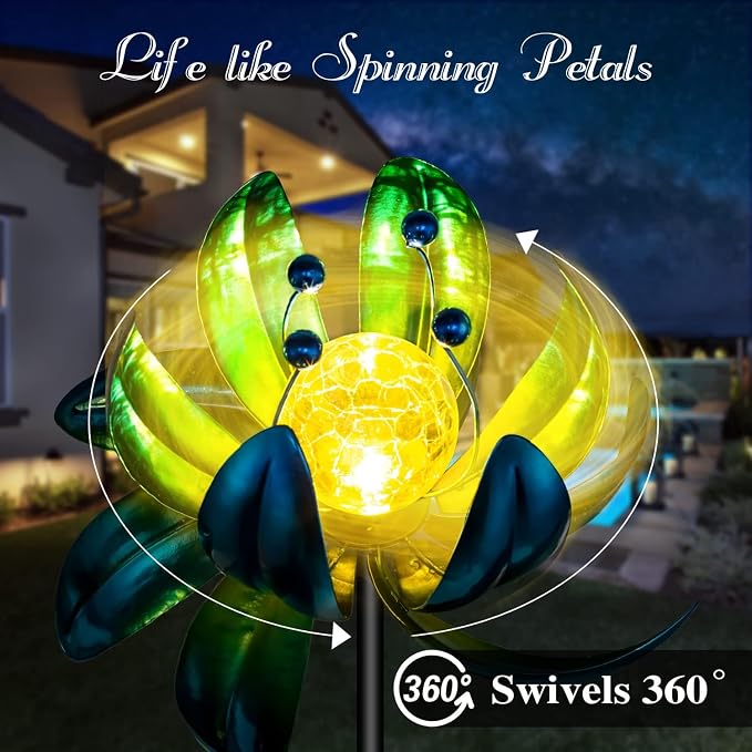 Solar Garden Lights Metal Flower Decor, Colorful Spinning Windmill Lotus - Image 3