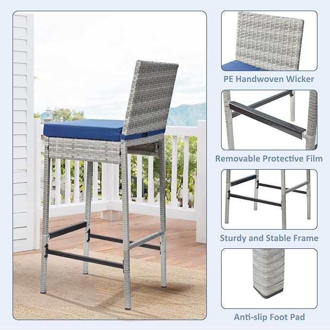 ECOTOUGE Rattan Bar Stools Set of 4, Wicker Woven Patio Stools & Patio Bar - Image 5