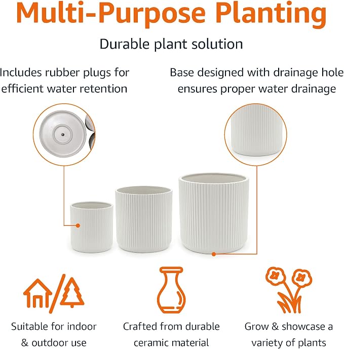 Amazon Basics Assorted Sizes Fluted Ceramic Round Indoor Outdoor Planters - Image 2