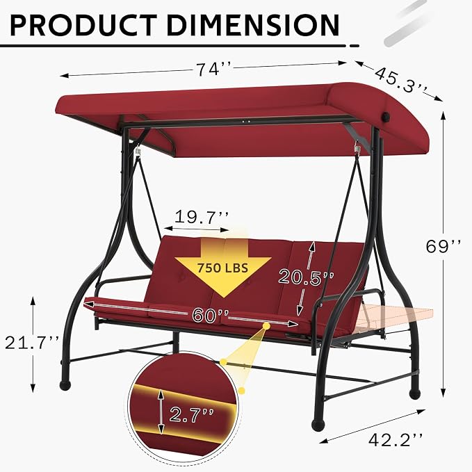 U-MAX Porch Swing Chair with Adjustable Backrest&Canopy, 3 Seat Patio Swing - Image 4