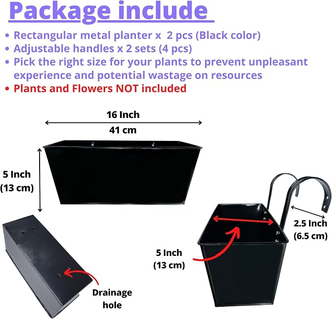LaLaGreen Railing Hanging Planters Large Black Metal Strawberry Flower Pots - Image 2