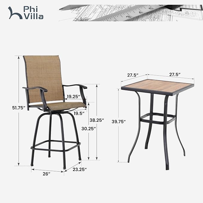 PHI VILLA Outdoor Patio Swivel Bar Set of 11, Textilene Bar Height Chair - Image 7