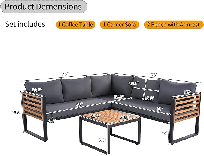 4 Pieces Outdoor Patio Conservation Set, Metal and Wood Frame Sectional - Image 5