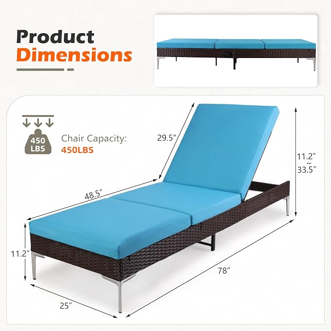 HOMREST Outdoor Chaise with Pneumatic Adjustable Backrest, Rattan Pool - Image 3
