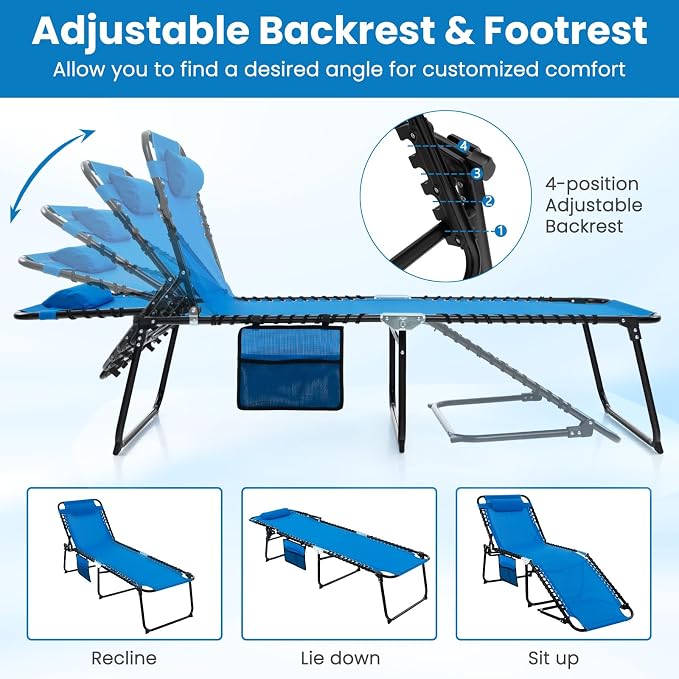 GYMAX Lounge Chairs for Outside, Extra High Folding Beach Tanning Lounger - Image 4