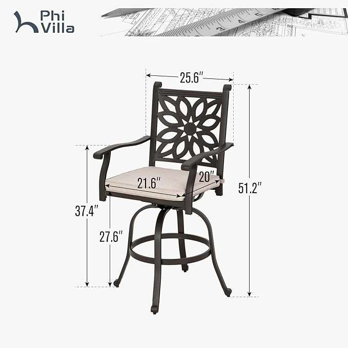 PHI VILLA Outdoor Swivel Bar Stools Set of 2, Cast Aluminum High Top Pub Height - Image 8
