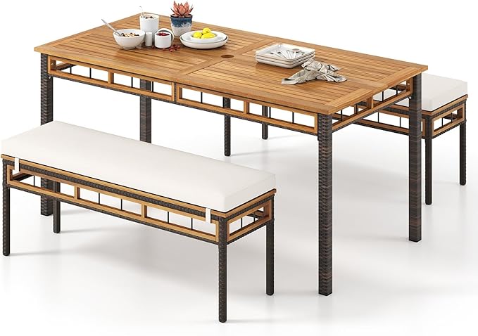Tangkula 3 Pieces Wood Patio Dining Set, Outdoor PE Wicker Rectangular Acacia by TANGKULA