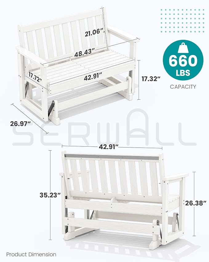 SERWALL Outdoor Glider Bench Set of 2, HDPE Weather-Resistant Swinging Bench - Image 2
