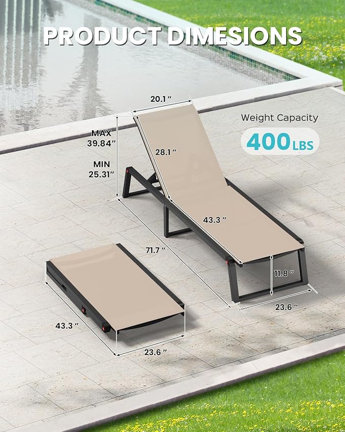 Aluminum Chaise Lounge Chair Outdoor, Foldable & No Assembly Patio Pool Lounge - Image 2