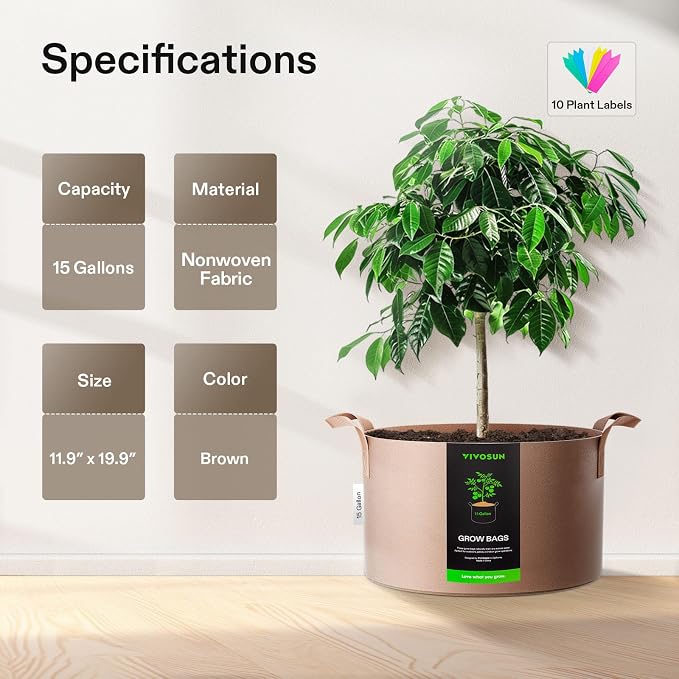 VIVOSUN 5-Pack 15 Gallons Grow Bags Heavy Duty Thickened Nonwoven Fabric Pots - Image 2