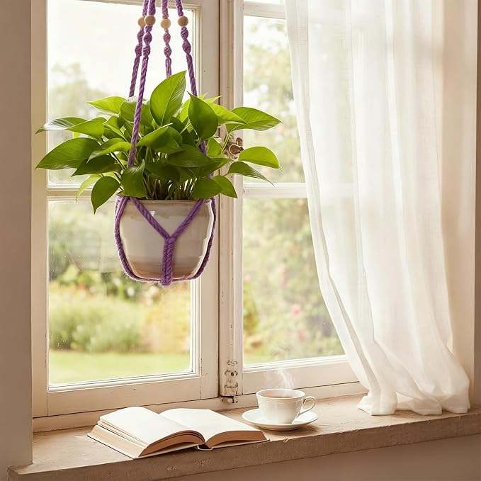 Macrame Plant Hanger, Wood Beads Cotton Hanging Planter Holder - Image 8