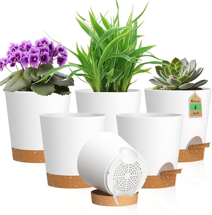 4 inch Self Watering Pots for Indoor Outdoor Plants, 6 Pack Plastic Flower by WSMKSZ