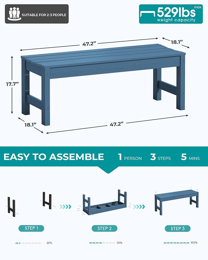 SERWALL 47 Inches Outdoor Bench, All Weather HDPE Backless Bench - Image 3