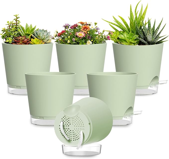 Plant Pots 6 Inch Self Watering Pots, 6 Pack Plastic Planters by SQKH