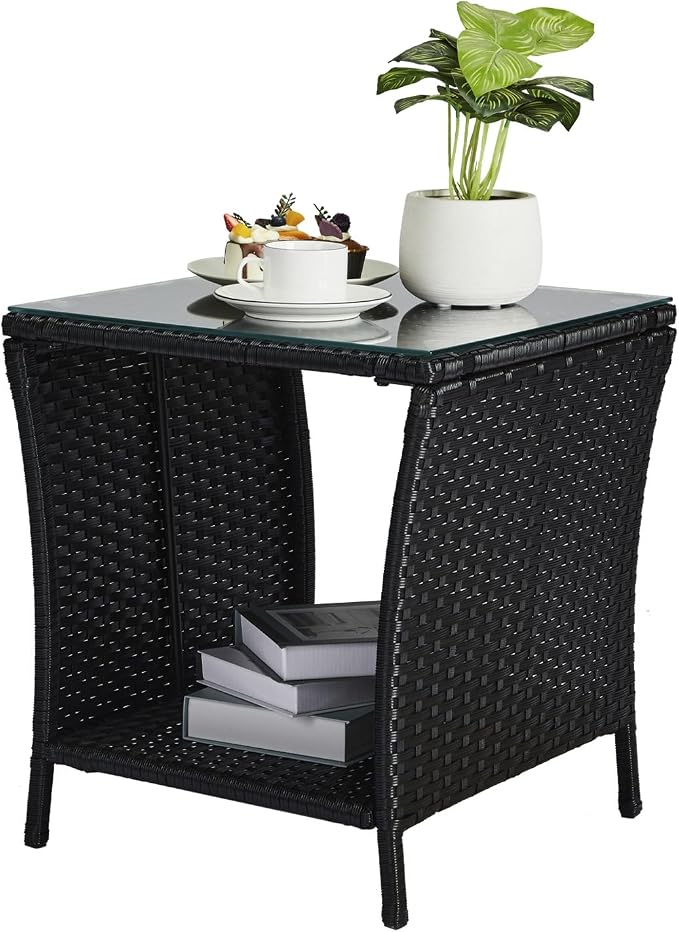 Wicker Rattan Side Table, Outdoor Square Rattan Coffee End Table by Unknown