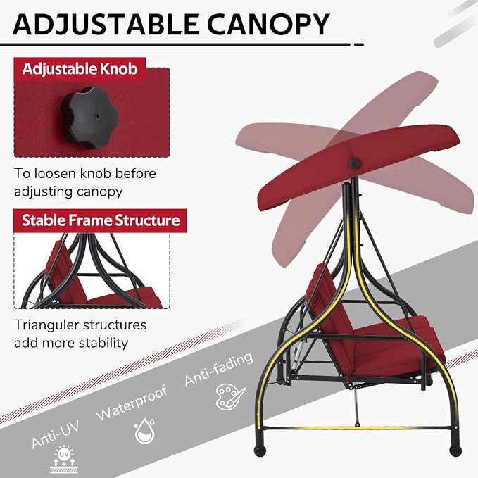 U-MAX Porch Swing Chair with Adjustable Backrest&Canopy, 3 Seat Patio Swing - Image 3