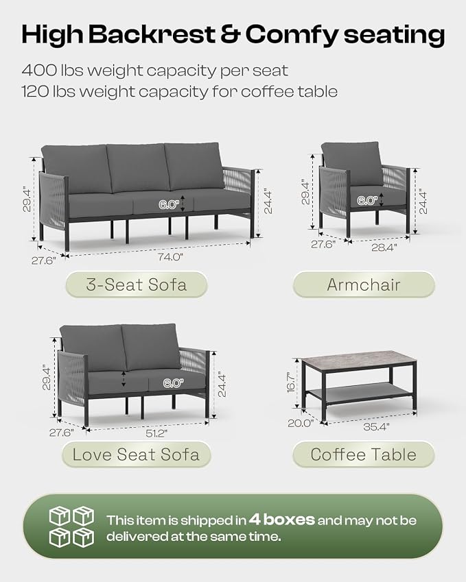 Aluminum Outdoor Patio Couch, 3 Seats HDPE Rope Patio Sofa - Image 2