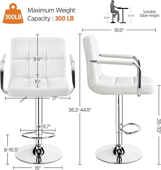 Yaheetech Bar Stools Set of 2, PU Leather Adjustable Swivel Barstools, - Image 3