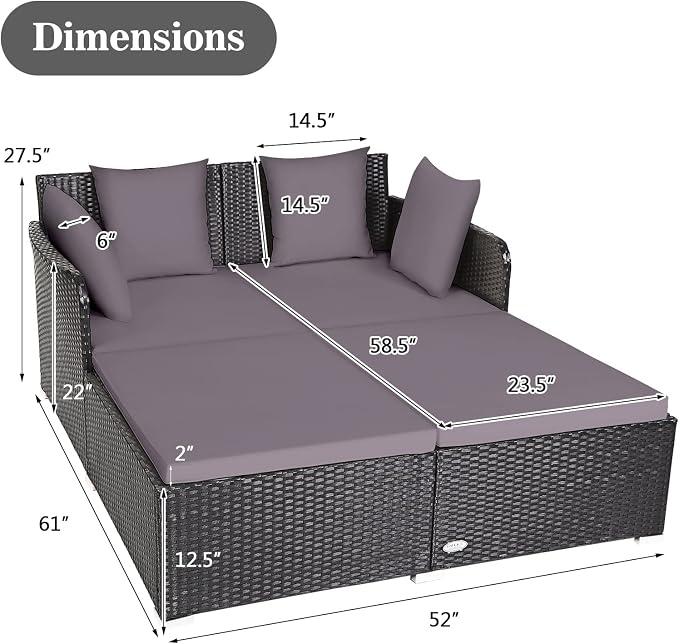Outdoor Rattan Daybed, Patio Loveseat Sofa Set w/Comfortable Cushions, Extra - Image 2