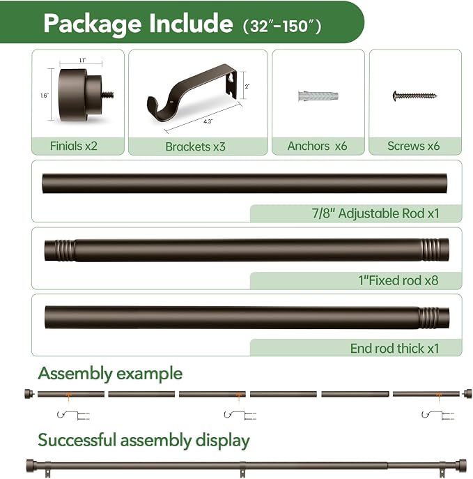 Curtain Rods for Windows 72 to 144, 1 Inch Adjustable Heavy Duty Long Window - Image 6