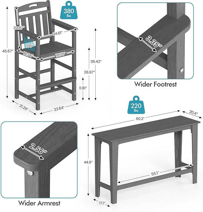 Ciokea 3 Pcs Outdoor Bar Height Table Set, Heavy-Duty All-Weather HDPE Patio - Image 3